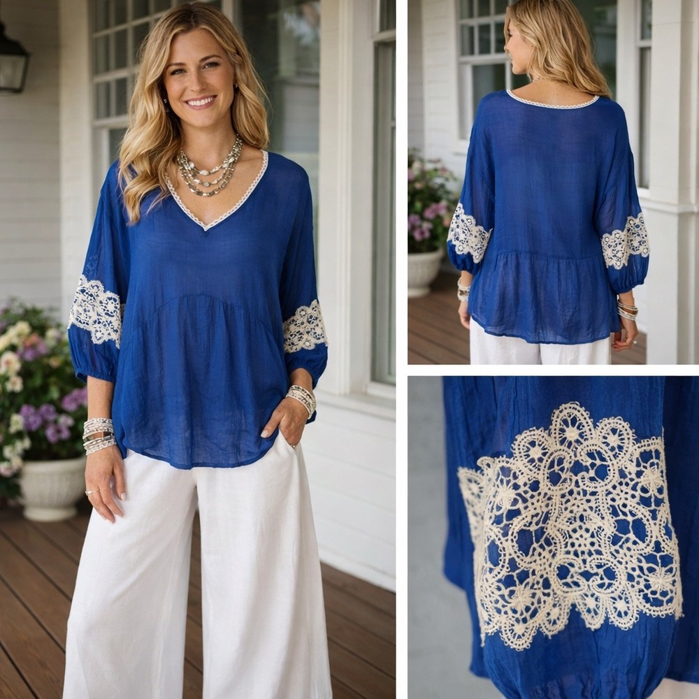 Unique Spectrum Boho Cottage Chic Royal Blue Lace Trim Crinkle Peasant Top XL